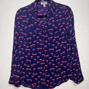 Express Portofino Flamingo Print Blouse XS | Navy Pink Button Front